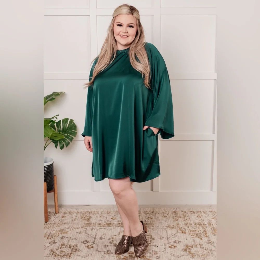 Emerald Green Flowy Swing Dress | Bell Sleeve Mock Neck Holiday Dress | Medium - Picture 3 of 7